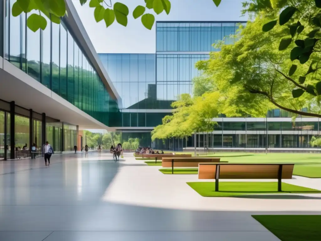 Campus universitario moderno y vibrante Campus universitario moderno con edificios de cristal y acero, rodeado de vegetación exuberante