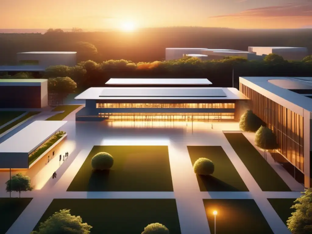 Universidad al atardecer Campus universitario moderno con hermoso entorno verde y luz dorada al atardecer