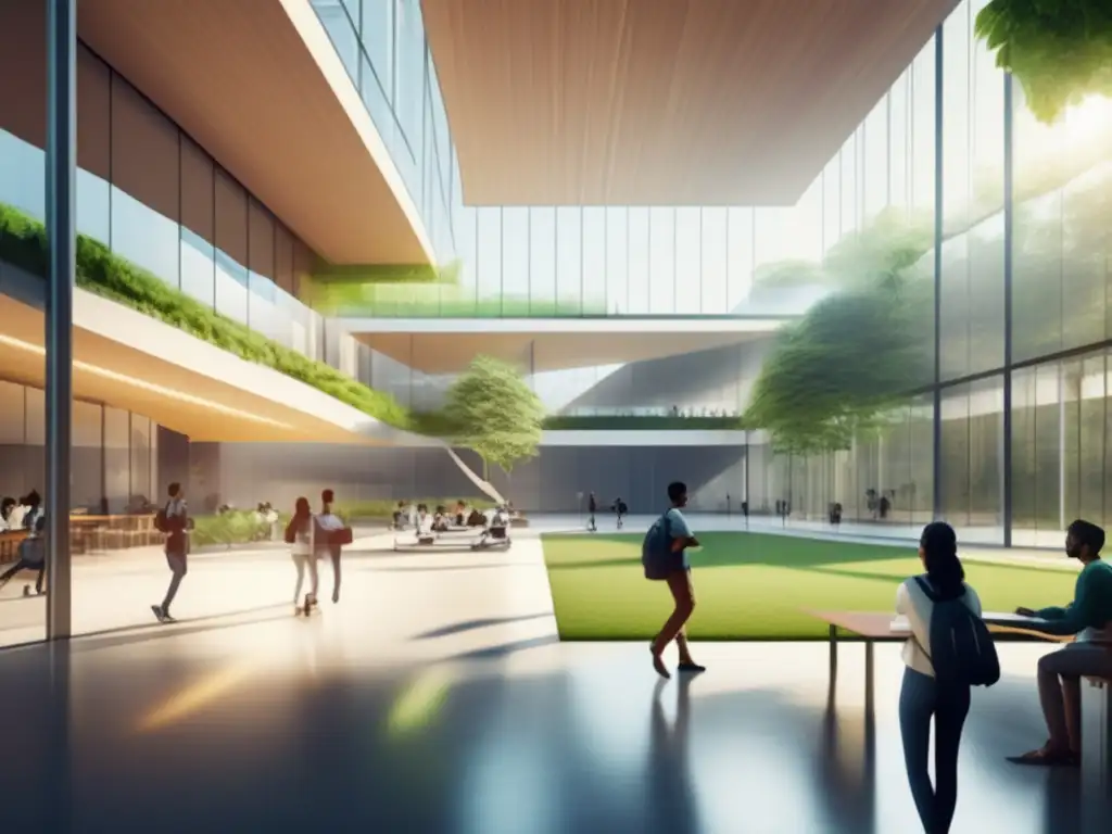 Universidad futurista con arquitectura geométrica y tecnología avanzada Campus universitario moderno, impacto Revolución Industrial en admisiones