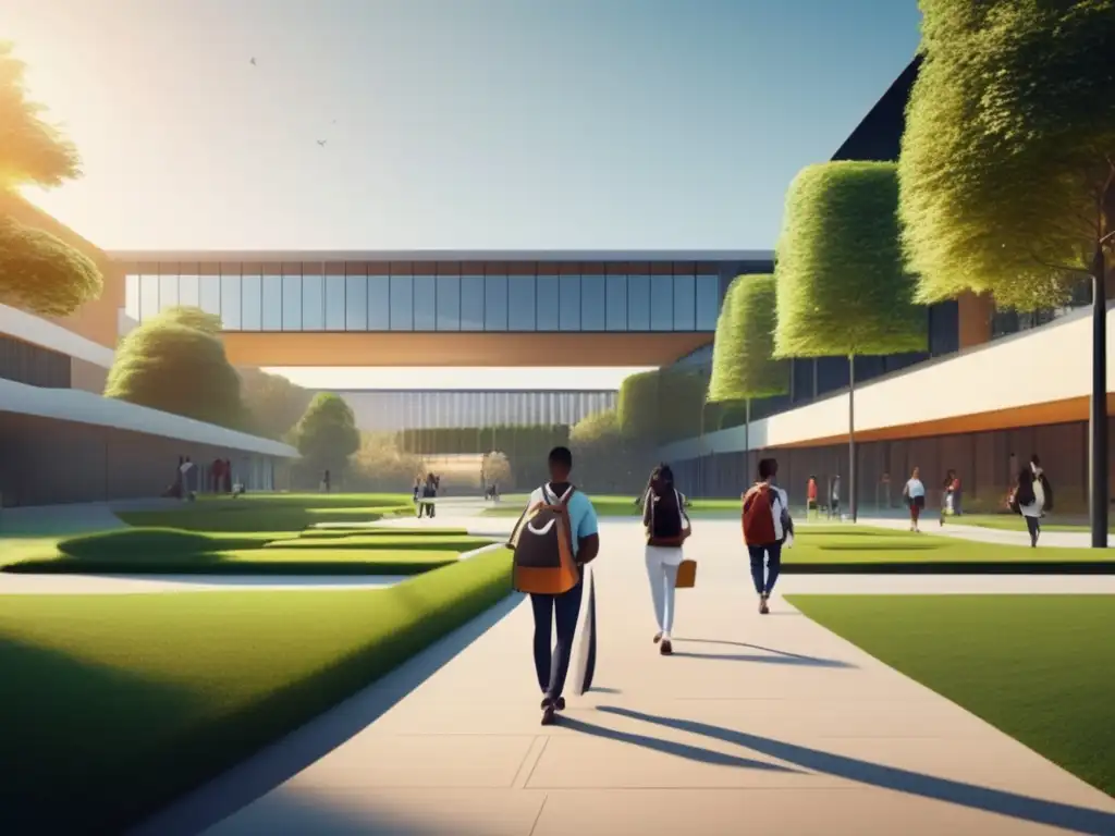Campus universitario moderno y minimalista Campus universitario moderno y minimalista con edificios geométricos, rodeado de vegetación exuberante