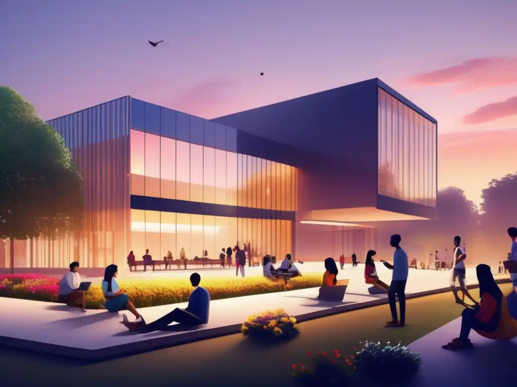 Universidad moderna al atardecer con estudiantes y tecnología Un campus universitario moderno y minimalista al atardecer, con un edificio de vidrio y rodeado de naturaleza exuberante