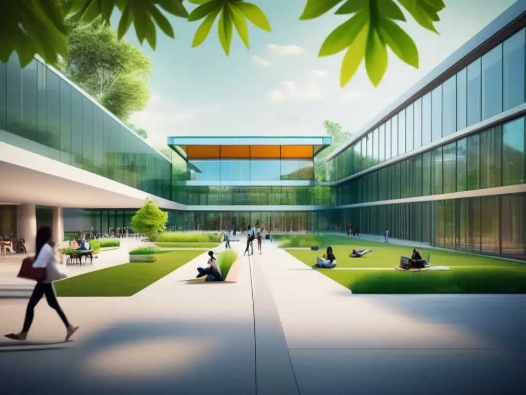 Campus universitario moderno y vibrante con estudiantes y actividades académicas Un campus universitario moderno y minimalista con edificios de vidrio rodeados de vegetación