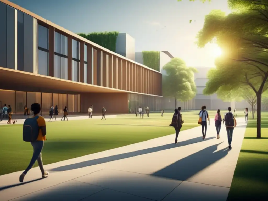 Campus universitario moderno y dinámico Campus universitario moderno y minimalista, rodeado de vegetación exuberante