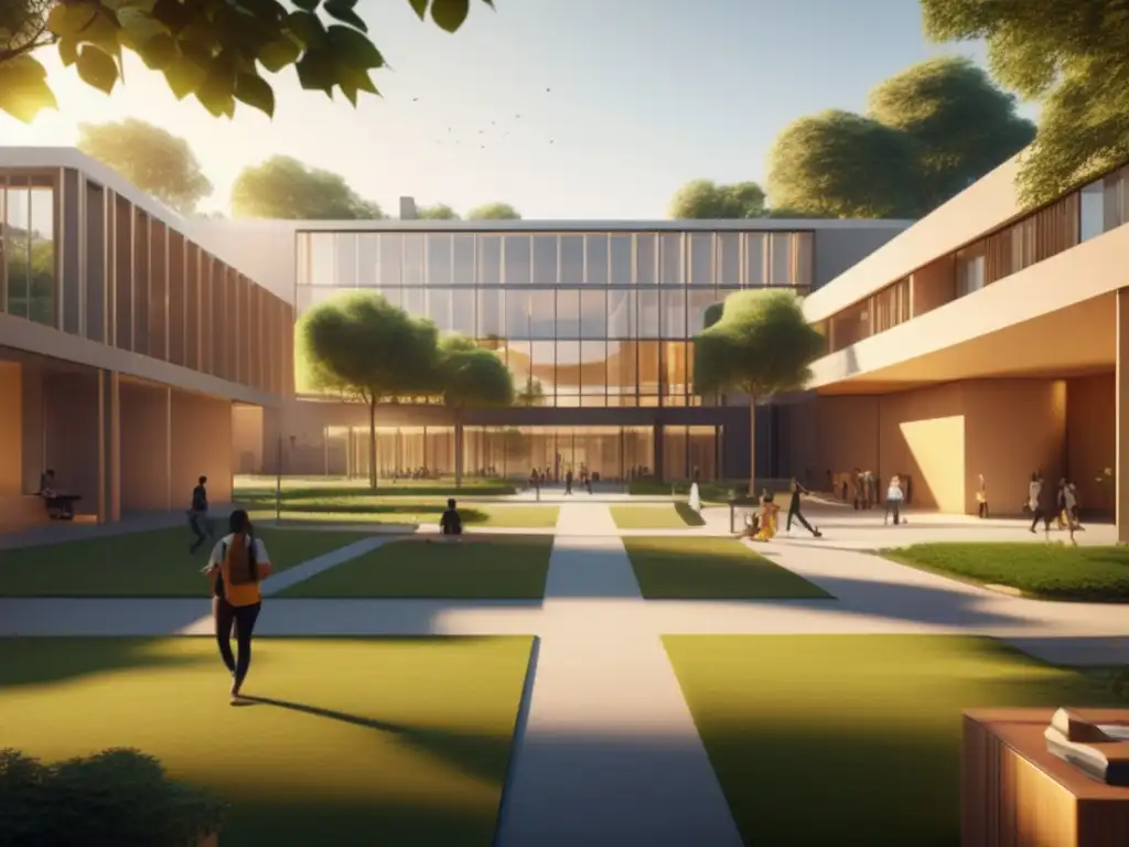 Campus universitario moderno en un entorno sereno Campus universitario moderno y minimalista con arquitectura geométrica, rodeado de naturaleza y estudiantes enfocados en sus estudios