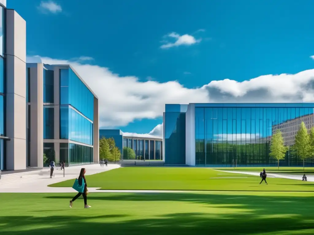 Universidad moderna y minimalista con paisaje verde Campus universitario moderno y minimalista con paisajes verdes y edificios contemporáneos reflejando la transformación educativa