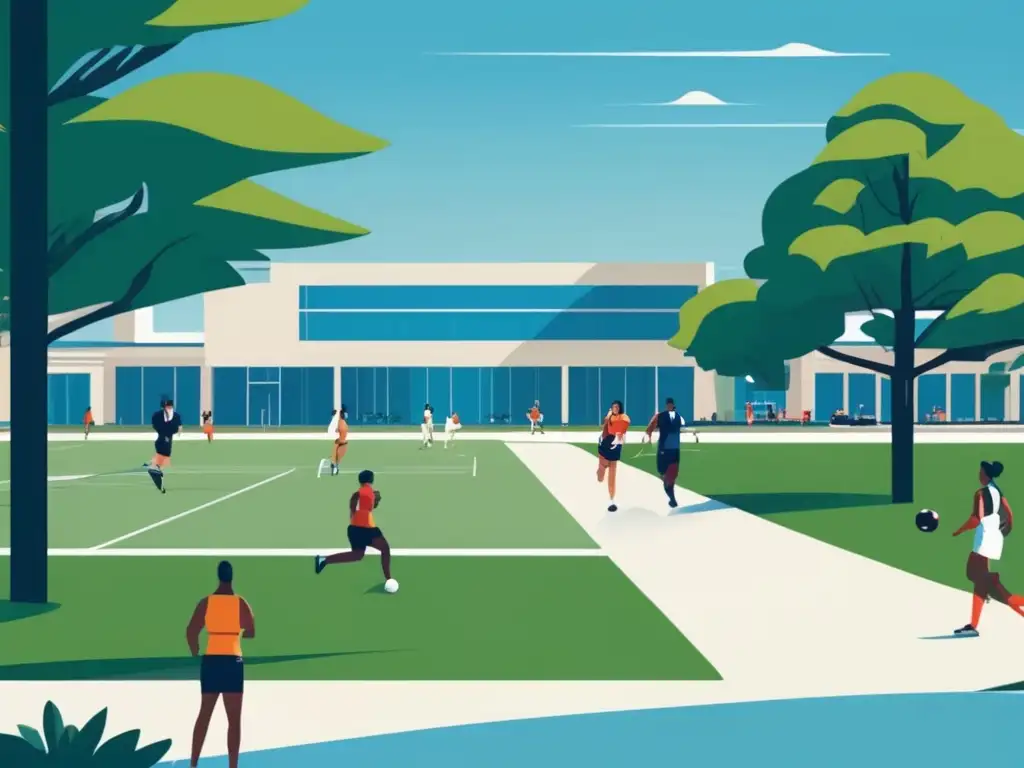 Campus universitario moderno rodeado de vegetación exuberante Un campus universitario moderno rodeado de vegetación, con instalaciones deportivas de vanguardia y atletas en acción