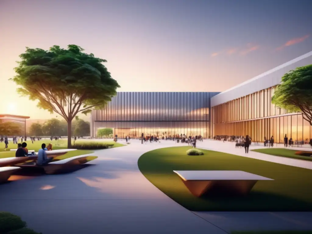 Campus universitario moderno al atardecer Campus universitario moderno y vibrante, con arquitectura minimalista rodeada de vegetación exuberante