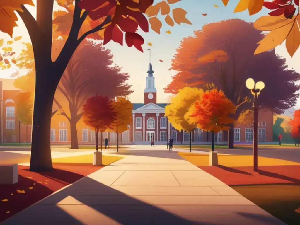 Campus universitario otoñal: serenidad y belleza Campus universitario en otoño con estudiantes y hojas de colores