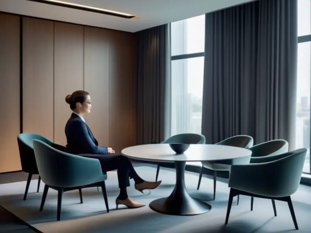 Candidato profesional en entrevista Un candidato bien vestido en una sala de entrevistas minimalista, con muebles contemporáneos y una gran ventana que llena de luz natural el espacio