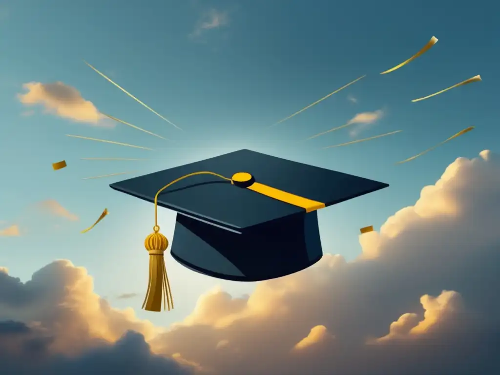 Sueños estudiantiles y deudas Cap flotando en cielo nublado, representa sueños y deudas estudiantiles (Consecuencias préstamos estudiantiles default)