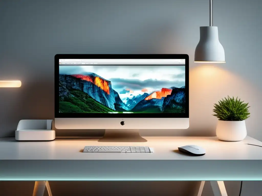 Espacio de trabajo minimalista y moderno Elección de carrera con visión - Espacio de trabajo minimalista y moderno con escritorio blanco, computadora y vista panorámica de la ciudad