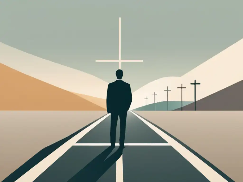 Reflexión en la encrucijada Elección de carrera con visión - Persona reflexiva en una encrucijada, simbolizando las decisiones y oportunidades en el camino profesional