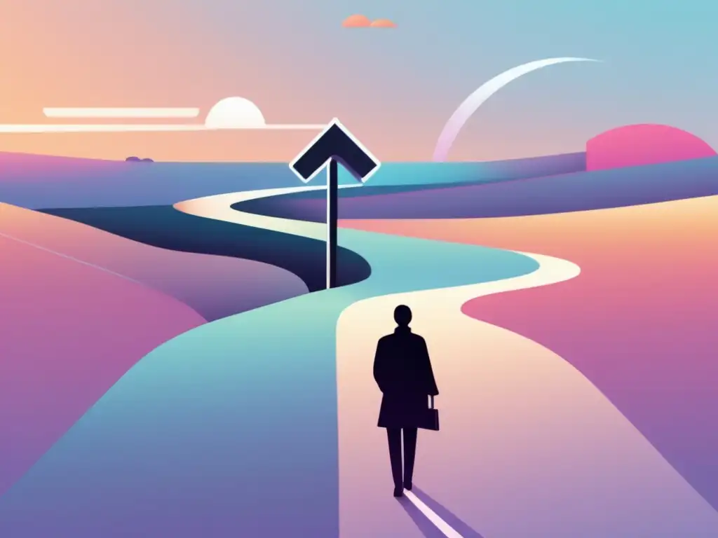 Persona en encrucijada: explorando opciones y carreras Elección de carrera universitaria en un cruce de caminos con opciones representadas por símbolos de diferentes campos