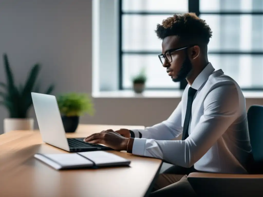 Joven enfocado en la evaluación de carrera Elección de carrera universitaria: Joven en escritorio con laptop, evaluación de carrera interactiva, ambiente inspirador