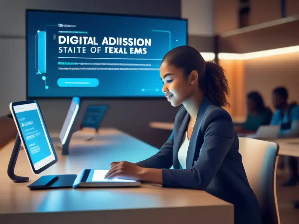 Examen digital: eficiente y moderno Casos éxito exámenes admisión digitales: estudiante interactúa con examen digital en un escritorio futurista