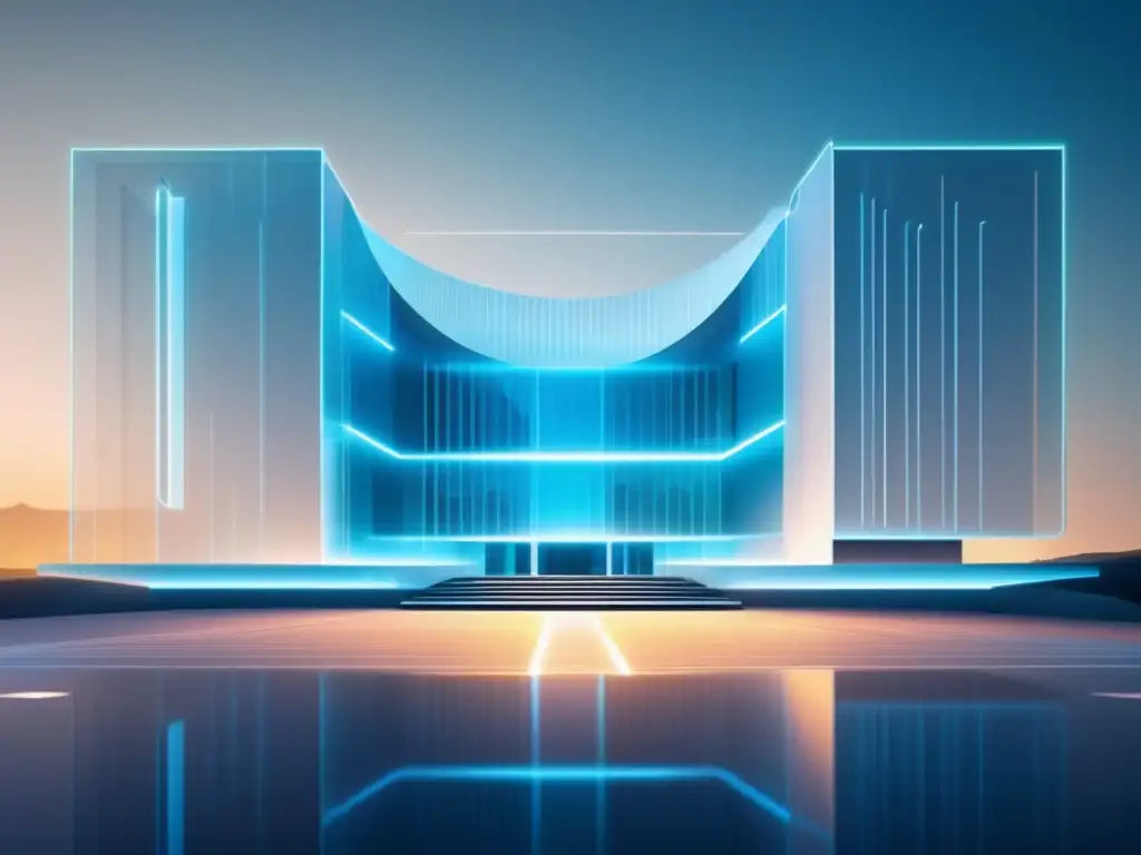 Fortaleza digital futurista: seguridad y protección Ciberseguridad en admisiones universitarias: Futurista fortaleza digital, con muros transparentes y patrones geométricos, iluminada y segura