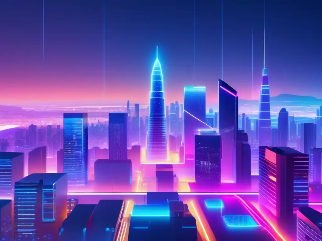 Futurista ciudad nocturna con IA y equidad en evaluación Ciudad futurista con IA en admisiones: Beneficios de la Inteligencia Artificial en Admisiones