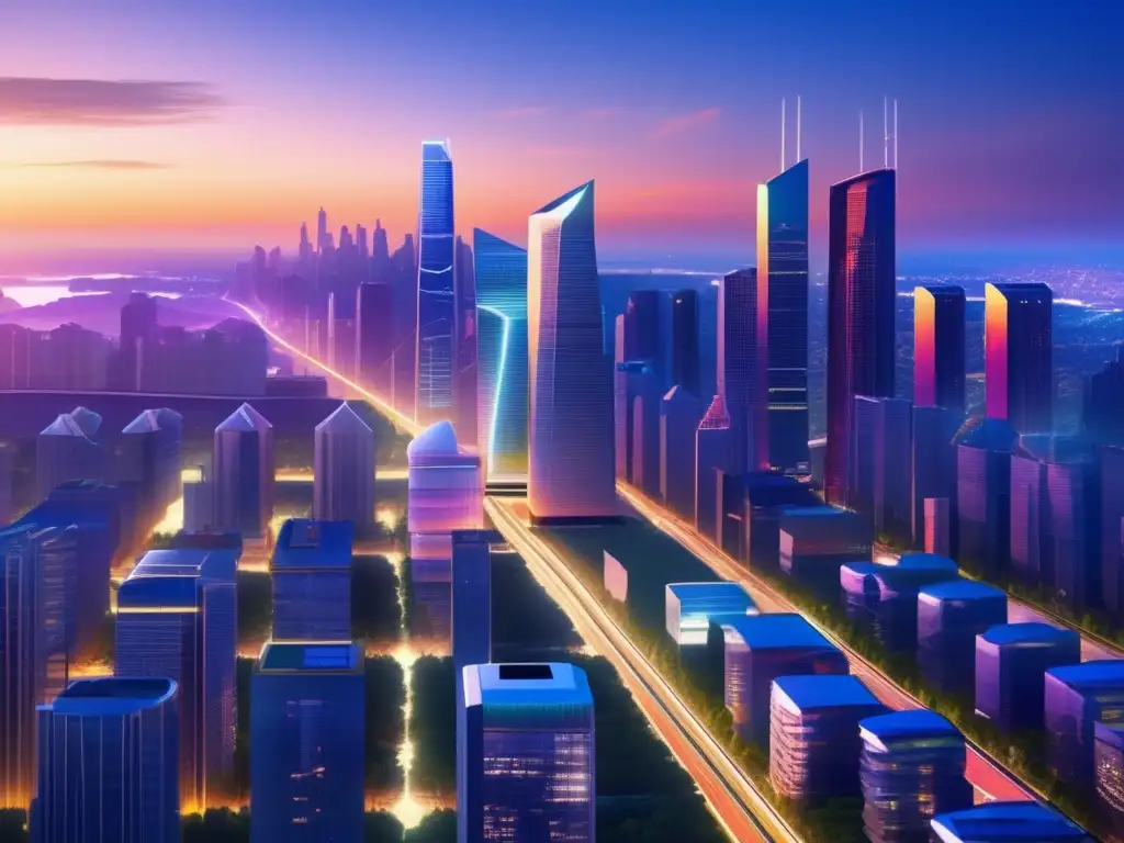 Ciudad futurista al atardecer con edificios modernos Ciudad futurista con arquitectura brillante y naturaleza exuberante