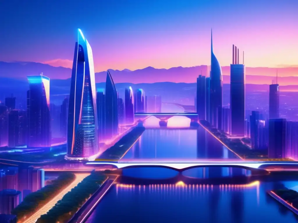 Ciudad futurista al atardecer con edificios modernos y naturaleza Ciudad futurista con edificios modernos y naturaleza, simbolizando carreras del futuro y mercado laboral
