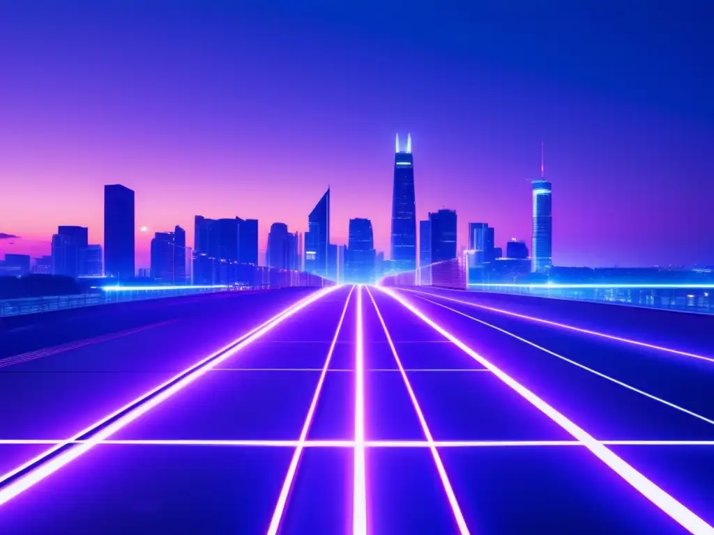 Ciudad futurista con edificios iluminados y conectados Ciudad futurista iluminada con tecnología avanzada, representando carreras del futuro y mercado laboral