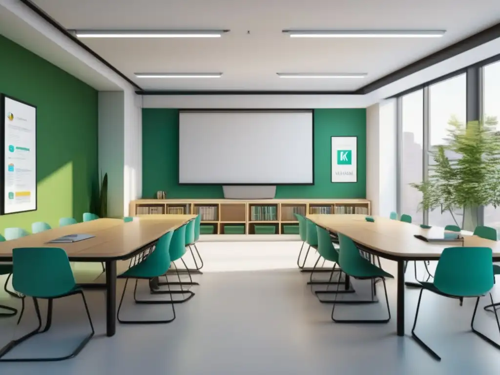 Aula moderna y colaborativa con estudiantes diversos Clase inclusiva: estudiantes diversos discuten, aprenden y colaboran en un aula moderna y equipada