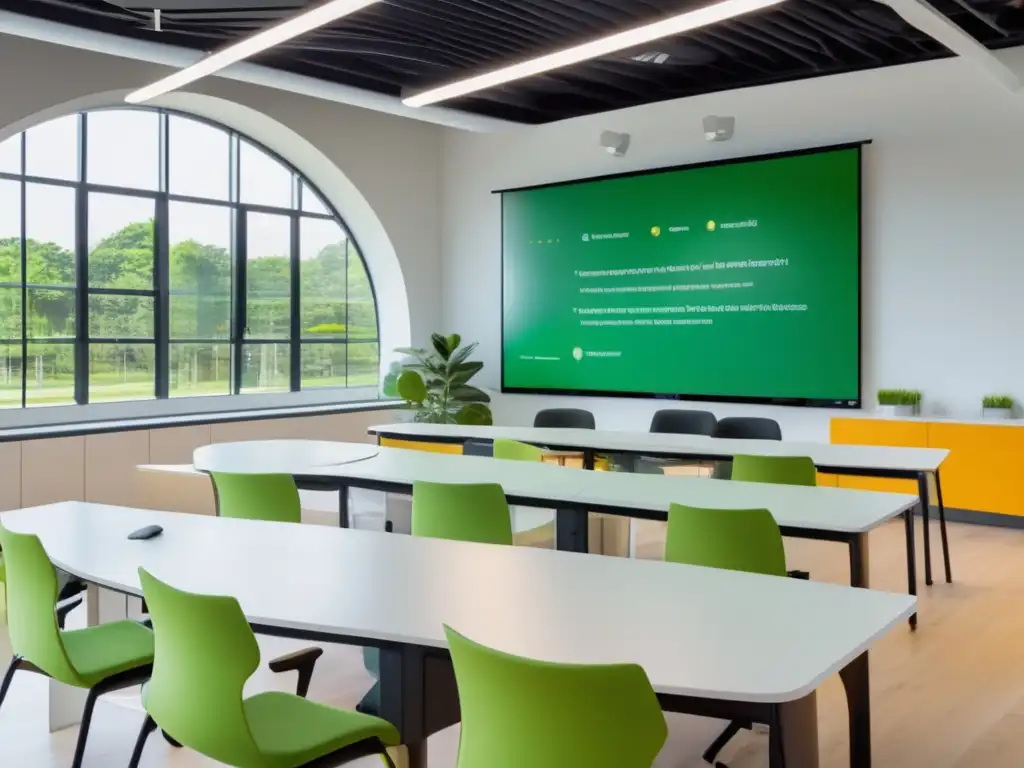 Aula moderna y luminosa con estudiantes debatiendo y aprendiendo inglés Clase moderna y luminosa, con estudiantes discutiendo y preparándose para la universidad