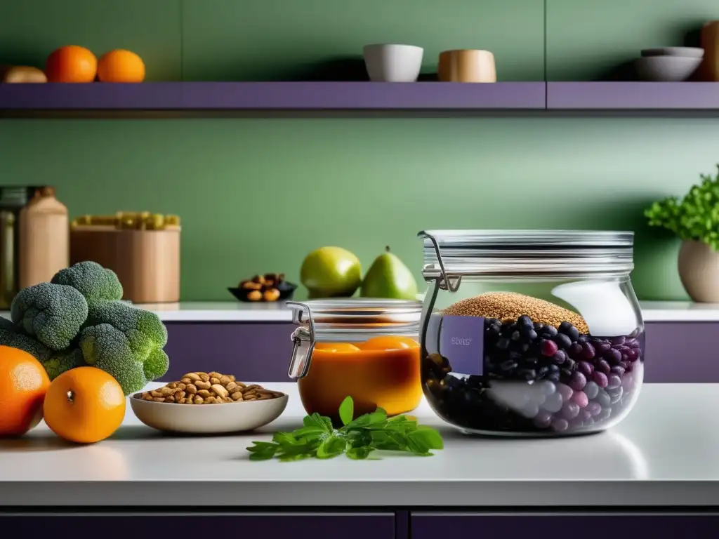 Cocina moderna con alimentos frescos Cocina minimalista: consejos examen universitario, frutas, verduras, granos enteros, organización y equilibrio