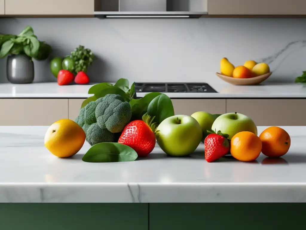 Cocina moderna con frutas y verduras frescas Cocina minimalista con frutas, vegetales y nutrientes clave
