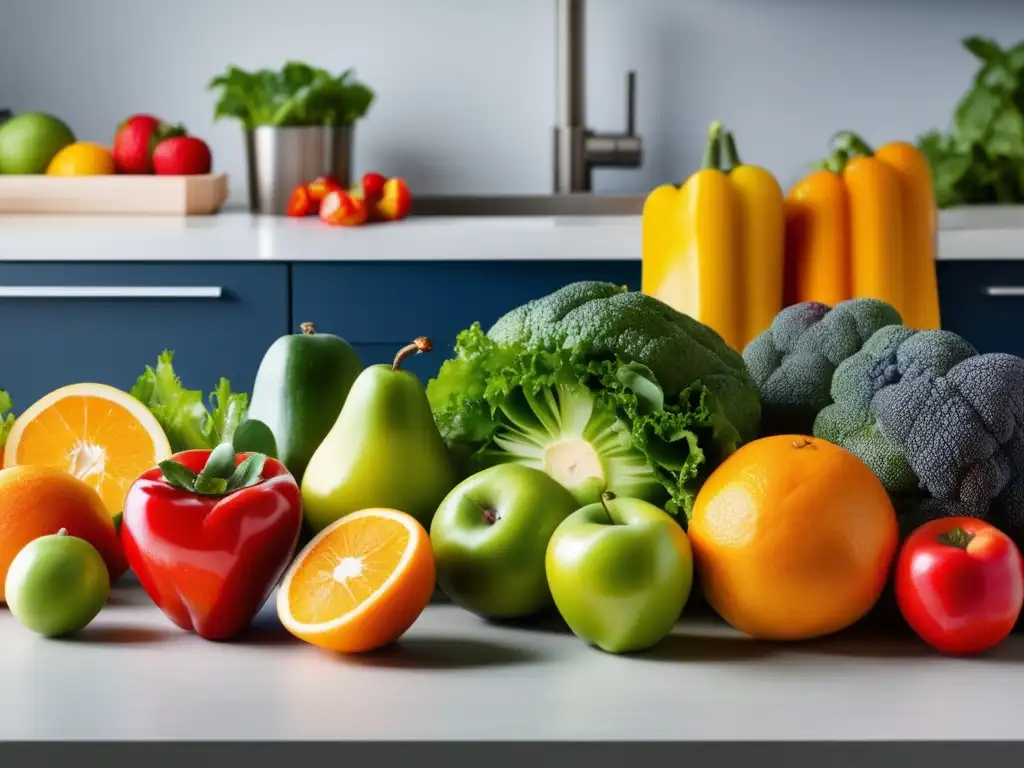 Cocina moderna con frutas y verduras coloridas Cocina minimalista con frutas y verduras coloridas - Guía alimentación económica estudiante internacional