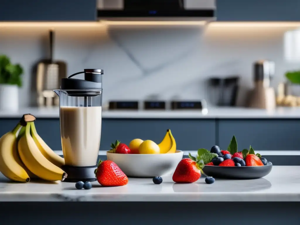 Cocina moderna con comida saludable Cocina moderna con encimera de mármol blanco, batido de proteínas y frutas frescas, ensalada de pollo, salmón asado y quinoa
