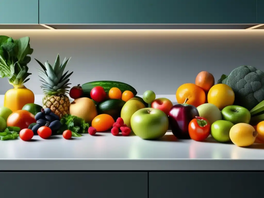 Cocina moderna con frutas y verduras frescas Cocina moderna con frutas y verduras para una dieta estudiantil de alto rendimiento