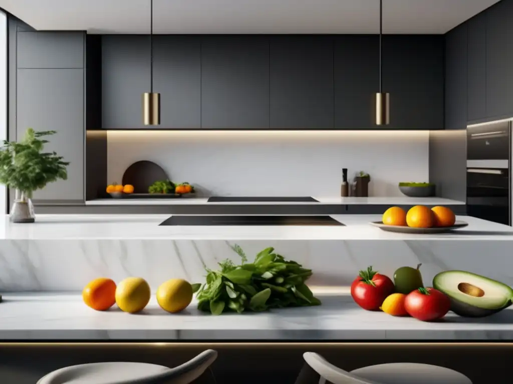 Cocina moderna y minimalista con encimera de mármol blanco y frutas frescas Cocina moderna y minimalista con encimera de mármol blanco, frutas y verduras frescas, electrodomésticos de acero inoxidable y estanterías llenas de ingredientes nutritivos