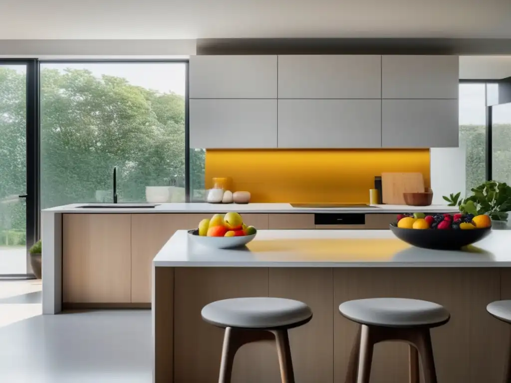 Cocina moderna y luminosa con desayuno saludable Cocina moderna y minimalista con encimeras y gabinetes blancos, iluminada por ventanales que crean un ambiente luminoso y acogedor