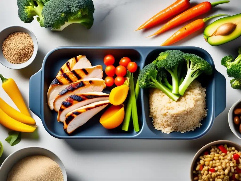 Alimentos para una dieta equilibrada Cocina moderna con secciones: Proteínas, Carbohidratos y Grasas saludables