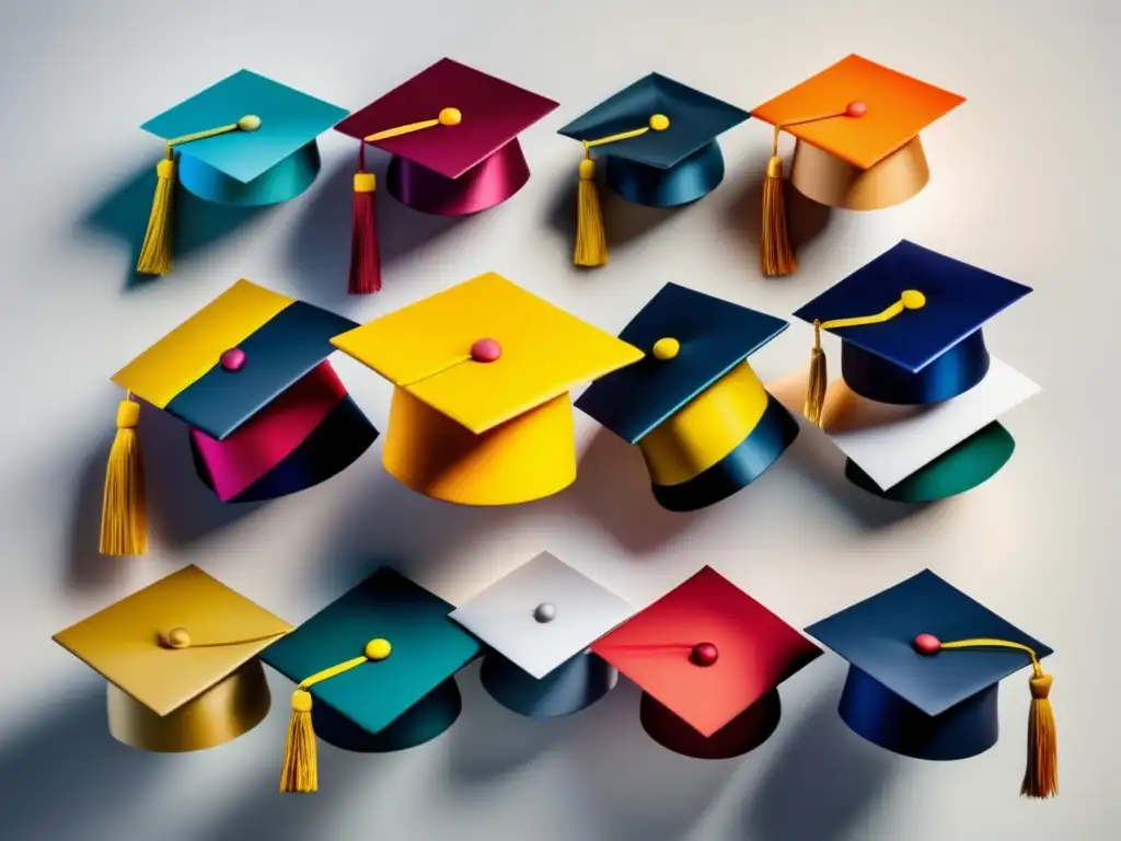 Graduación multicolor: logros académicos y oportunidades Graduación: Caps de colores representando campos académicos, elegantes y vibrantes
