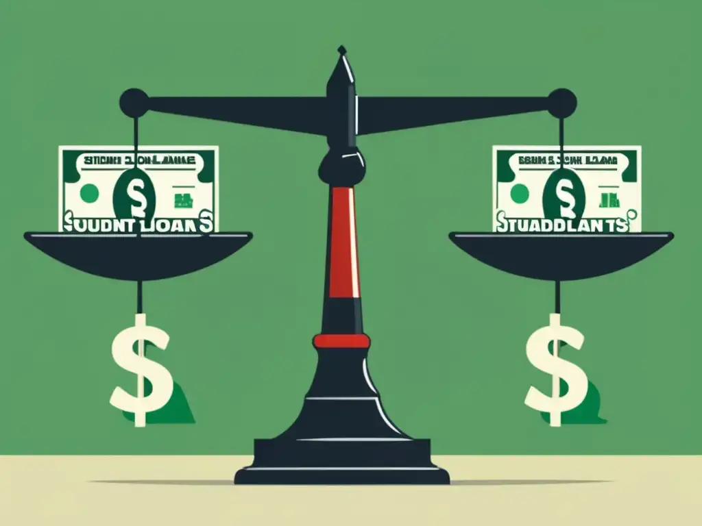 Equilibrio entre préstamos y subsidios Comparativa subsidios préstamos estudiantiles - Dos escalas balanceadas con dinero y gorro de graduación, simbolizando beneficios y cargas financieras