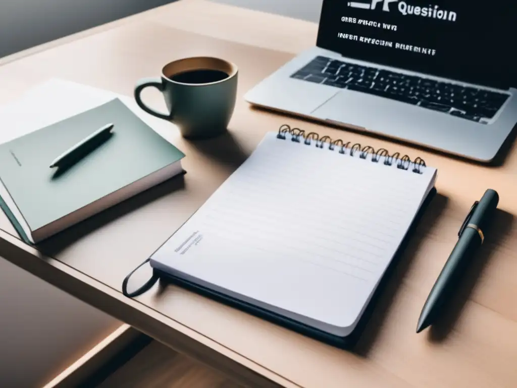 Escritorio minimalista para estudio GRE Preparación para el GRE: Guía completa para postgrados - Ambiente de estudio enfocado y organizado con laptop, notas y libros
