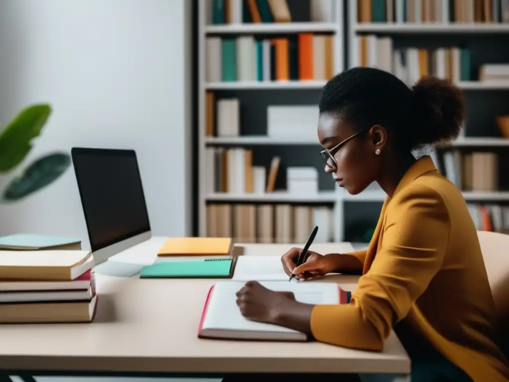 Estudio GRE: Persona concentrada en escritorio moderno Preparación para el GRE: Guía completa para postgrados - Persona concentrada en un escritorio contemporáneo rodeado de libros y materiales de estudio