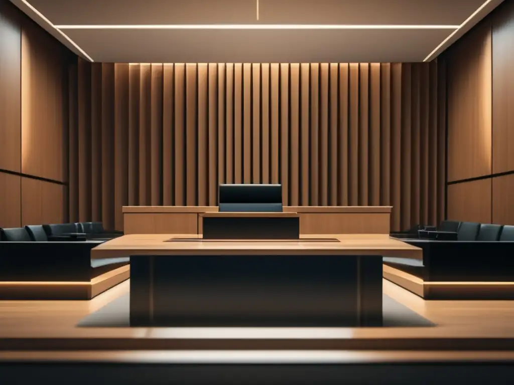 Escena de tribunal moderno y minimalista Consecuencias legales del escándalo 'Varsity Blues' en admisiones universitarias en una moderna y amplia sala de tribunal