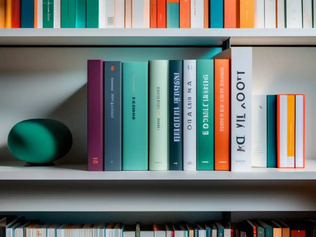 Estantería de libros especializados elegante y moderna Consejos para destacar en admisiones universitarias: una imagen minimalista y moderna de libros especializados en una estantería blanca y elegante