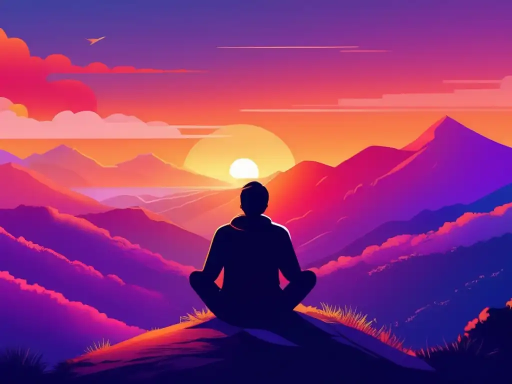 Meditación en la cima de la montaña Consejos para autenticidad en admisiones universitarias: persona reflexionando en la cima de una montaña