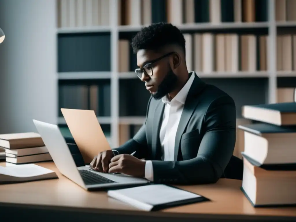 Persona enfocada preparando su solicitud Consejos para obtener becas posgrado: persona enfocada en su aplicación rodeada de libros, laptop y material de escritura