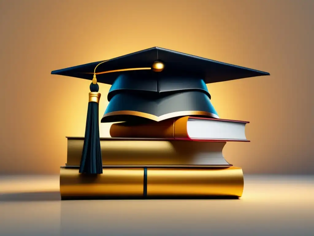 Oportunidades universitarias Consejos para solicitar becas universitarias: gorro de graduación sobre libros, resaltando oportunidades y conocimiento