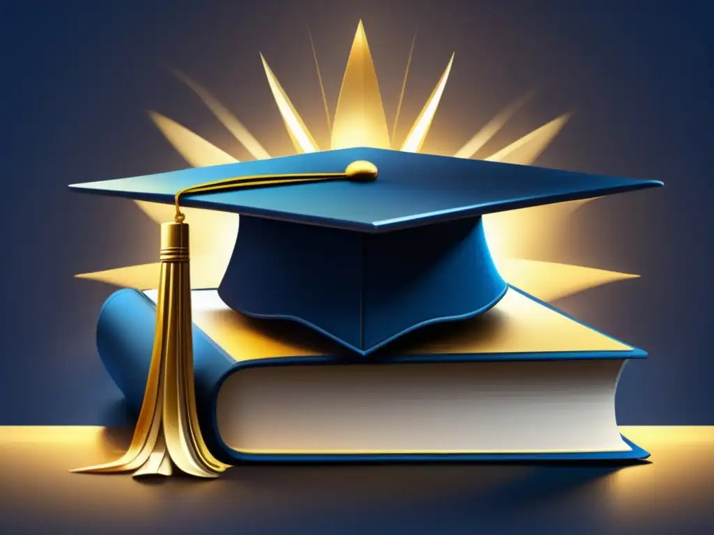Éxito académico: gorro de graduación dorado sobre libros Consejos becas universitarias: imagen impactante, éxito académico, conocimiento, aspiración, estudiantes reales