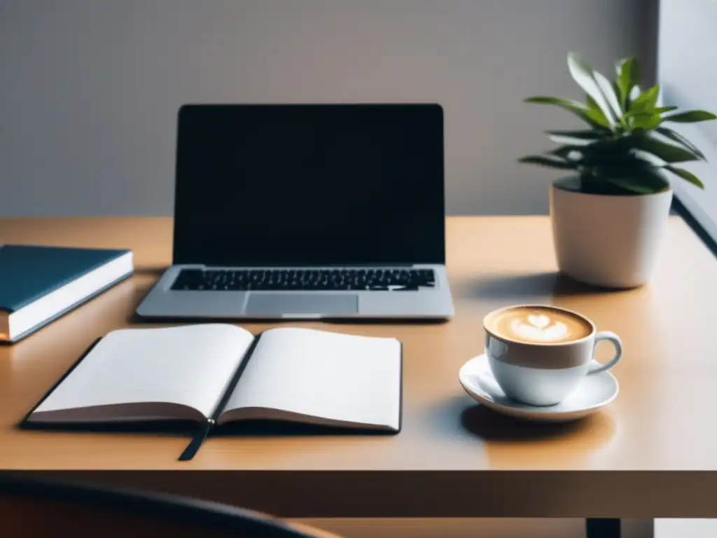 Escritorio minimalista con laptop, notas y café Consejos para solicitar becas universitarias en una imagen de escritorio minimalista con laptop, cuaderno y café