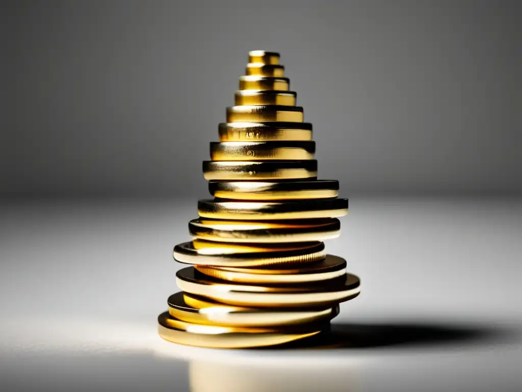 Pirámide de monedas doradas: ayudas financieras y becas Consejos para mantener becas universitarias - Monedas de oro simbolizando ayuda financiera, organizadas en una pirámide brillante