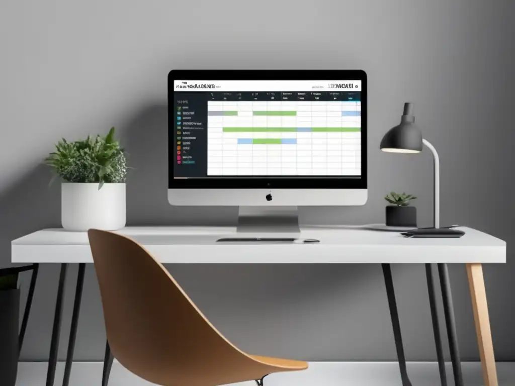 Espacio de trabajo minimalista y moderno Consejos para gestionar carga académica: Espacio de trabajo minimalista y moderno con laptop, calendario digital, libros y plantas