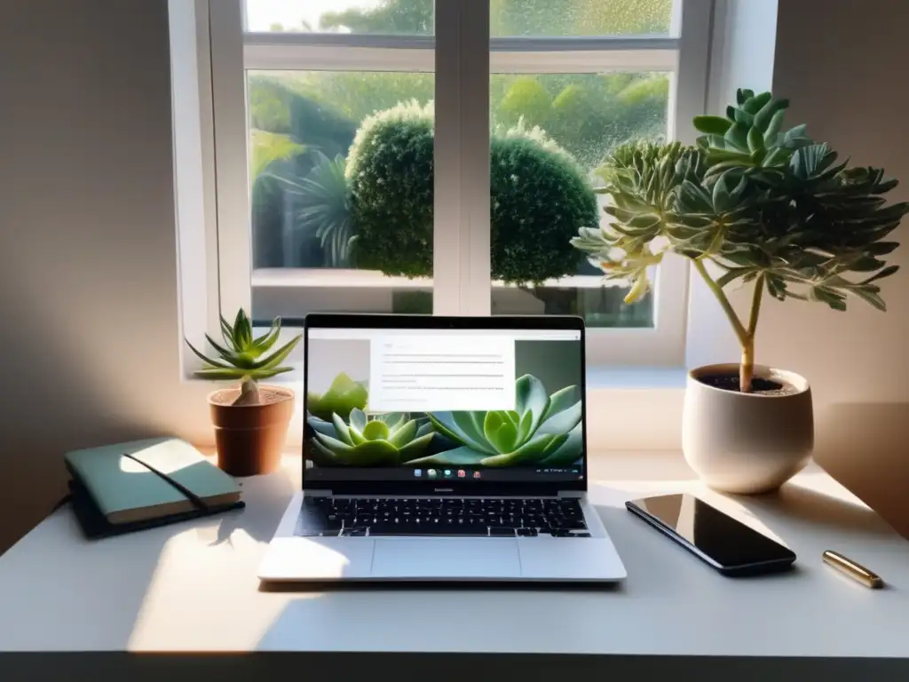 Espacio de trabajo sereno y minimalista Consejos para gestionar carga académica en un espacio de trabajo sereno y minimalista con vista a un jardín tranquilo
