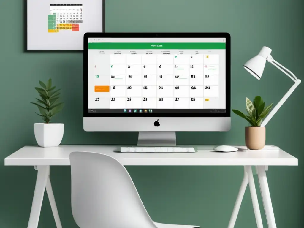 Espacio de estudio minimalista y organizado Consejos para gestionar carga académica: estudio organizado, escritorio minimalista, laptop con calendario digital, planta verde y luz natural