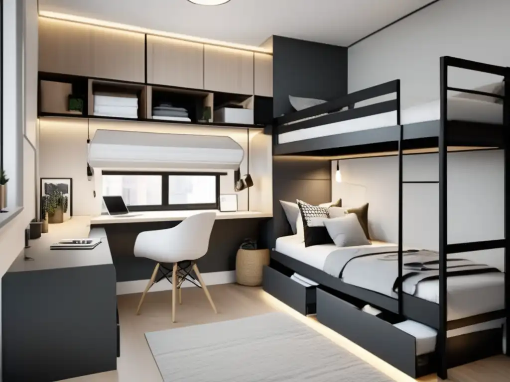 Dormitorio minimalista con cama multifuncional y literas Consejos para personalizar dormitorios universitarios: habitación minimalista con cama multifuncional y organizadores colgantes